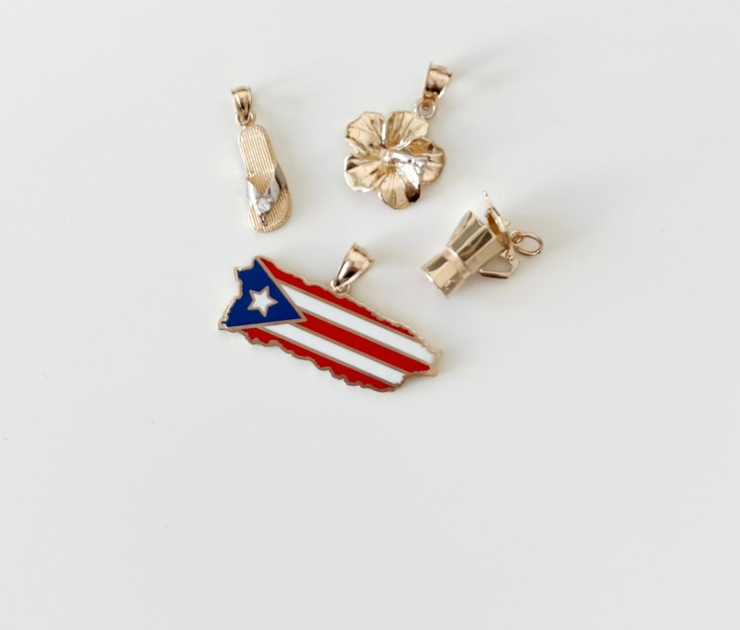 Puerto Rico Jewelry Collection with handcrafted pendants and charms in 14K solid gold, gold plated, and sterling silver, inspired by Puerto Rican culture and heritage.