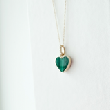 14K Solid Yellow Gold Malachite Heart with Pave Diamond Necklace