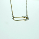 14K Solid Yellow Gold Safety Pin Diamond Necklace