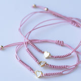 14K Solid Yellow Gold Pink Macrame Mother of Pearl Heart Bracelet