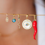 14K Solid Gold Mother of Pearl Evil Eye Pendant with Cubic Zirconia