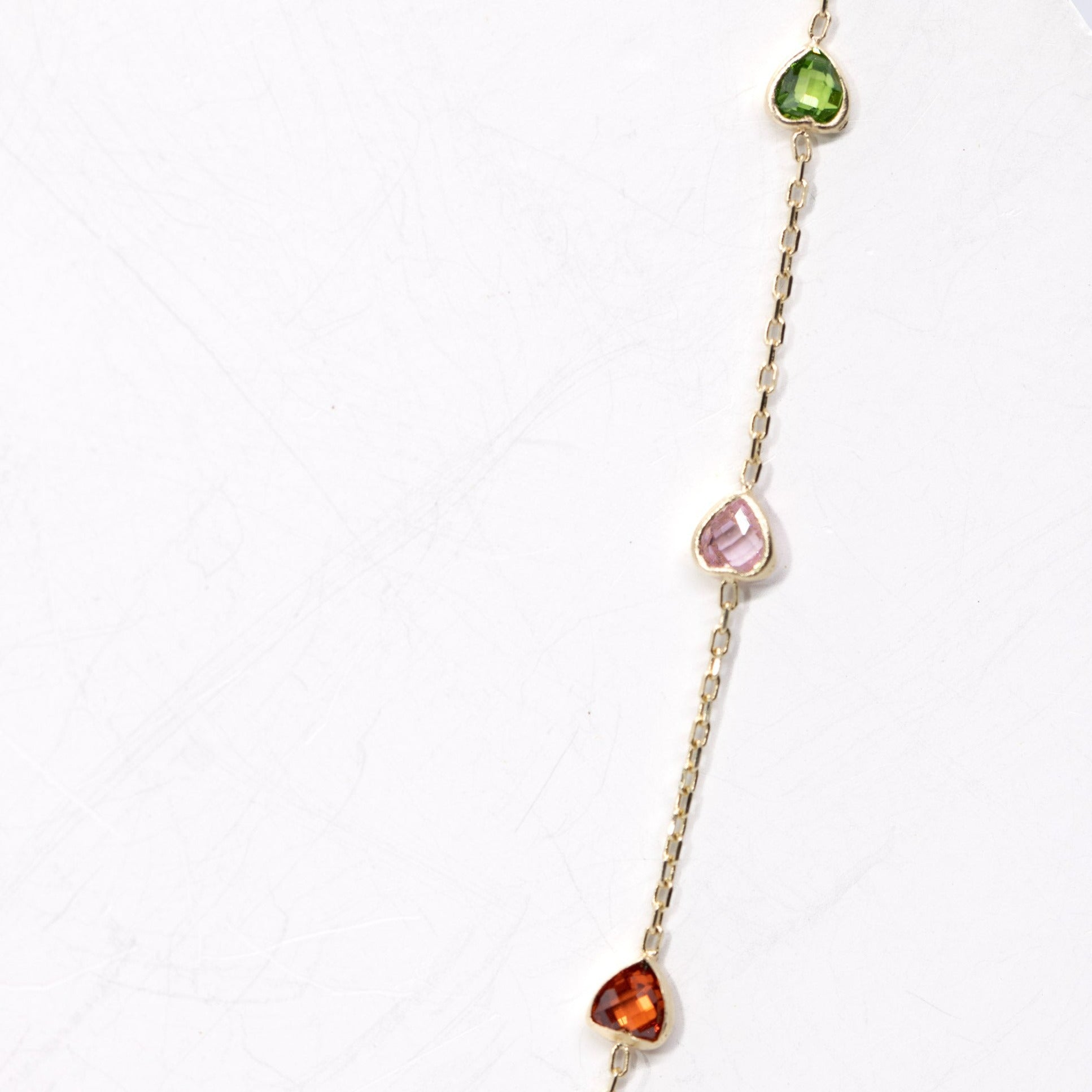 14K Solid Yellow Gold Multi Color Heart CZ Necklace