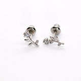 925 Sterling Silver CZ Long Flower Screw Back Earrings