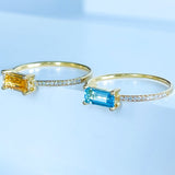 14K Solid Gold Emerald-Cut Semi Precious Stone Ring with Pave Diamonds