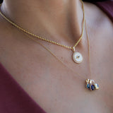14K Solid Gold Mother of Pearl Evil Eye Pendant with Cubic Zirconia