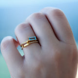 14K Solid Gold Emerald-Cut Semi Precious Stone Ring with Pave Diamonds