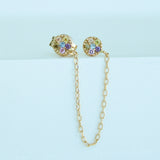 14K Solid Yellow Gold Rainbow CZ Round Connected Earring