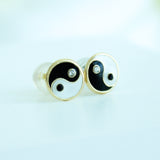 14K Solid Yellow Gold Enamel Yin Yang Stud Earrings