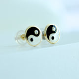 14K Solid Yellow Gold Enamel Yin Yang Stud Earrings
