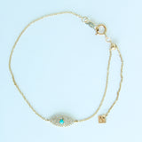 18K Solid Yellow Gold Pave Diamond and Turquoise Open Evil Eye Bracelet
