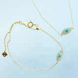 18K Solid Yellow Gold Pave Diamond and Turquoise Open Evil Eye Bracelet