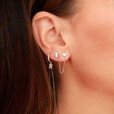 14K Solid White Gold Double Stud Chain-Connected Earring