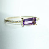 14K Solid Gold Emerald-Cut Semi Precious Stone Ring with Pave Diamonds
