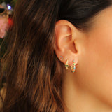 14K Solid Yellow Gold Green Square Stone with Cubic Zirconias Huggie Hoops