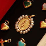 14K Solid Yellow Gold Italian Miraculous Medal with Pearls