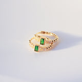 14K Solid Yellow Gold Green Square Stone with Cubic Zirconias Huggie Hoops