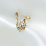14K Solid Yellow Gold Turtle & Stud Chain Earring