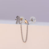 14K Solid White Gold Double Stud Chain-Connected Earring