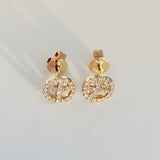 14K Solid Yellow Gold Pave Diamond Peace & Love Stud Earrings