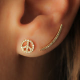 14K Solid Yellow Gold Pave Diamond Peace & Love Stud Earrings