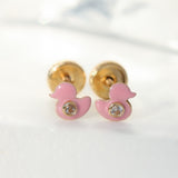 14K Yellow Gold Pink Enamel Mini Duck Earrings