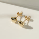14K Solid Yellow Gold Puff Heart Stud Earrings