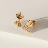 14K Solid Yellow Gold Pave Diamonds V Heart Earrings