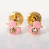 14K Yellow Gold Pink Enamel Mini Duck Earrings