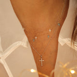 14K Solid Yellow Gold Stones Dangling Crosses Necklace