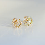 14K Solid Yellow Gold Pave Diamond Peace & Love Stud Earrings