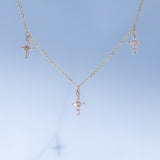 14K Solid Yellow Gold Stones Dangling Crosses Necklace