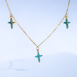 14K Solid Yellow Gold Stones Dangling Crosses Necklace