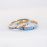 18K Solid Yellow Gold Half Diamond and Enamel Ring