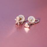 14K Solid White Gold Double Stud Chain-Connected Earring