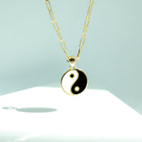 14K Solid Yellow Gold White & Black Enamel Yin Yang Pendant