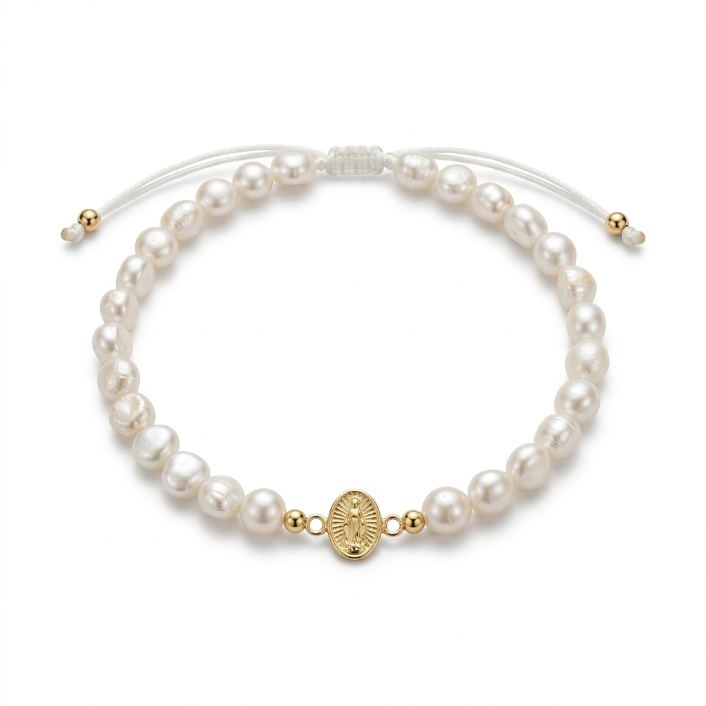14K solid yellow gold bracelet with flat freshwater baroque pearls and centered Miraculous Medal charm on white background