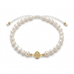 14K solid yellow gold bracelet with flat freshwater baroque pearls and centered Miraculous Medal charm on white background