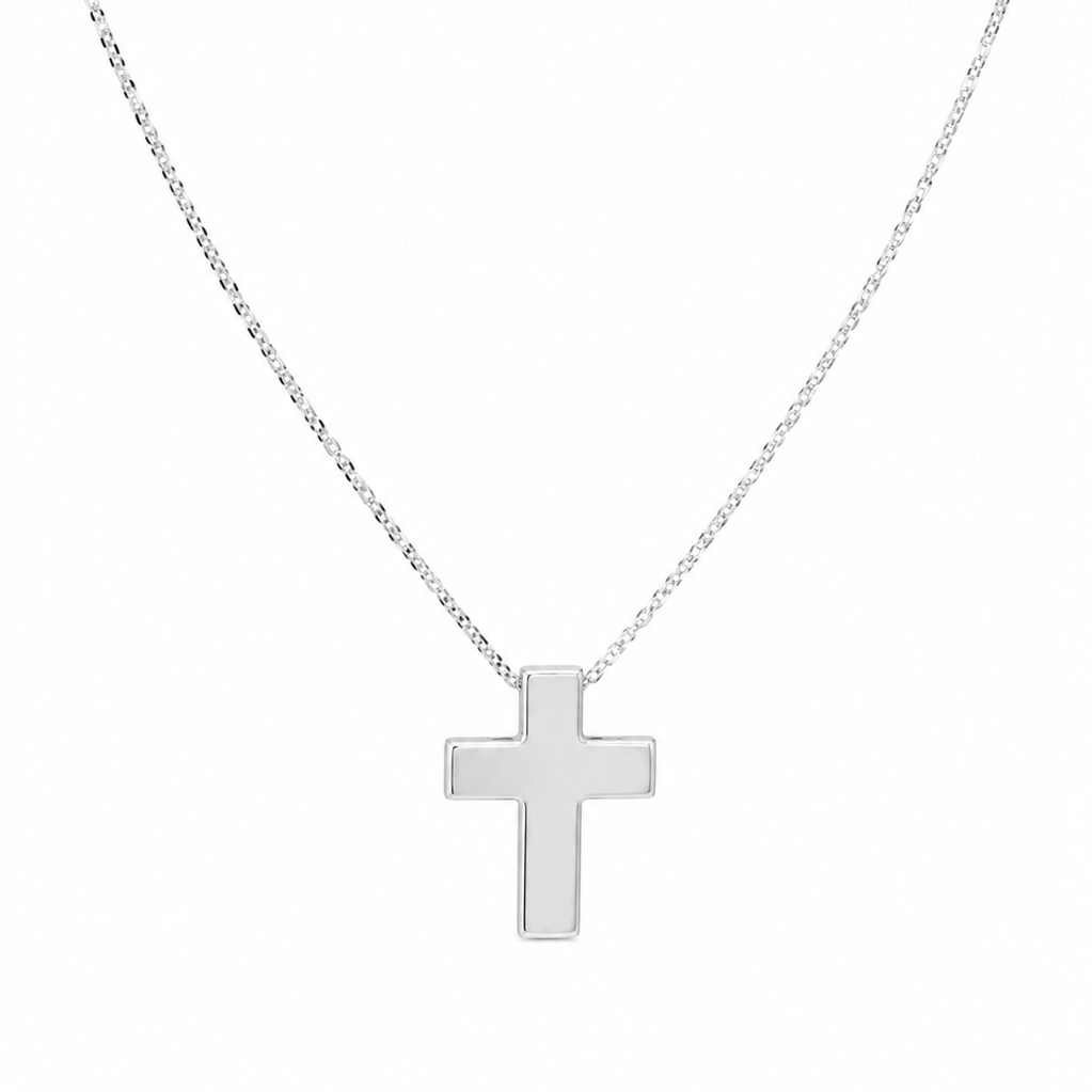   14K solid white gold cross necklace with 18 inch box chain.