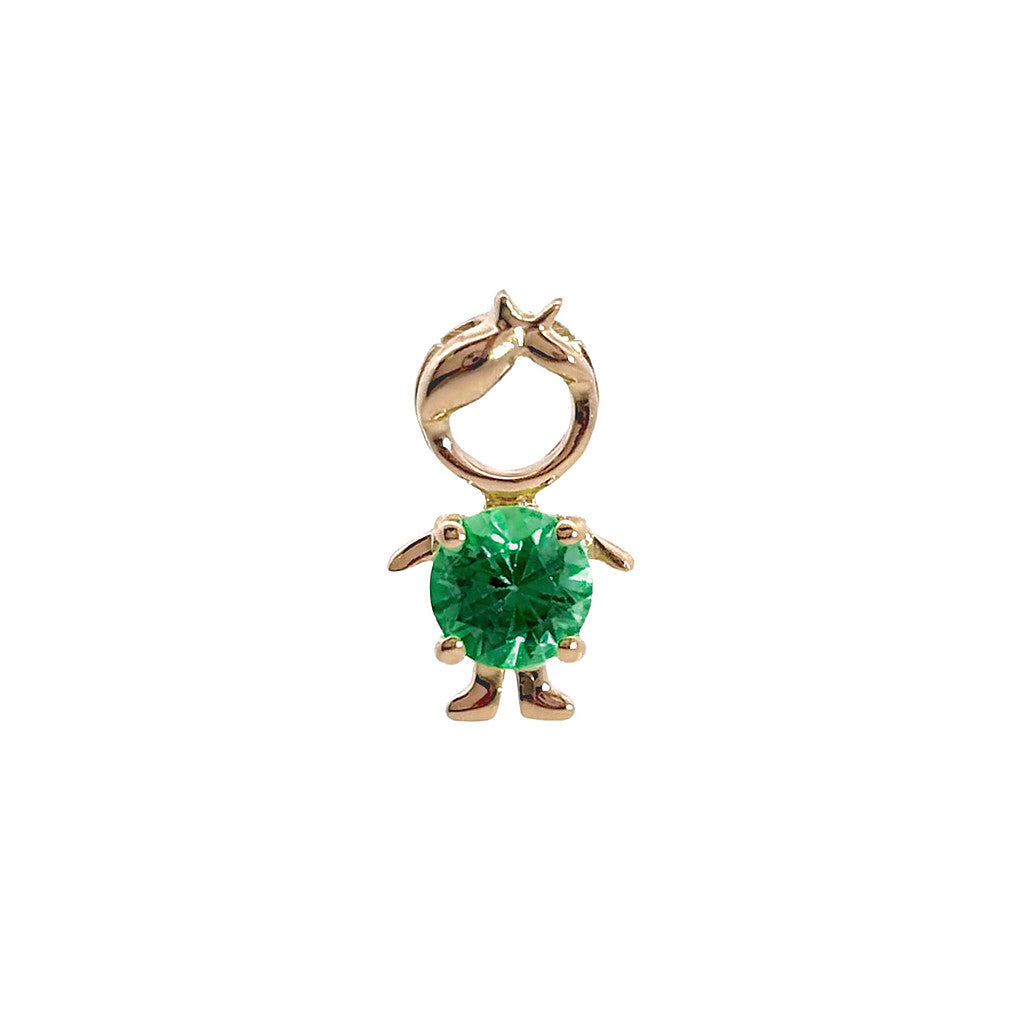 14K solid yellow gold boy and girl birthstone charms with colorful gemstones representing each birth month on a white background.