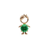 14K solid yellow gold boy and girl birthstone charms with colorful gemstones representing each birth month on a white background.