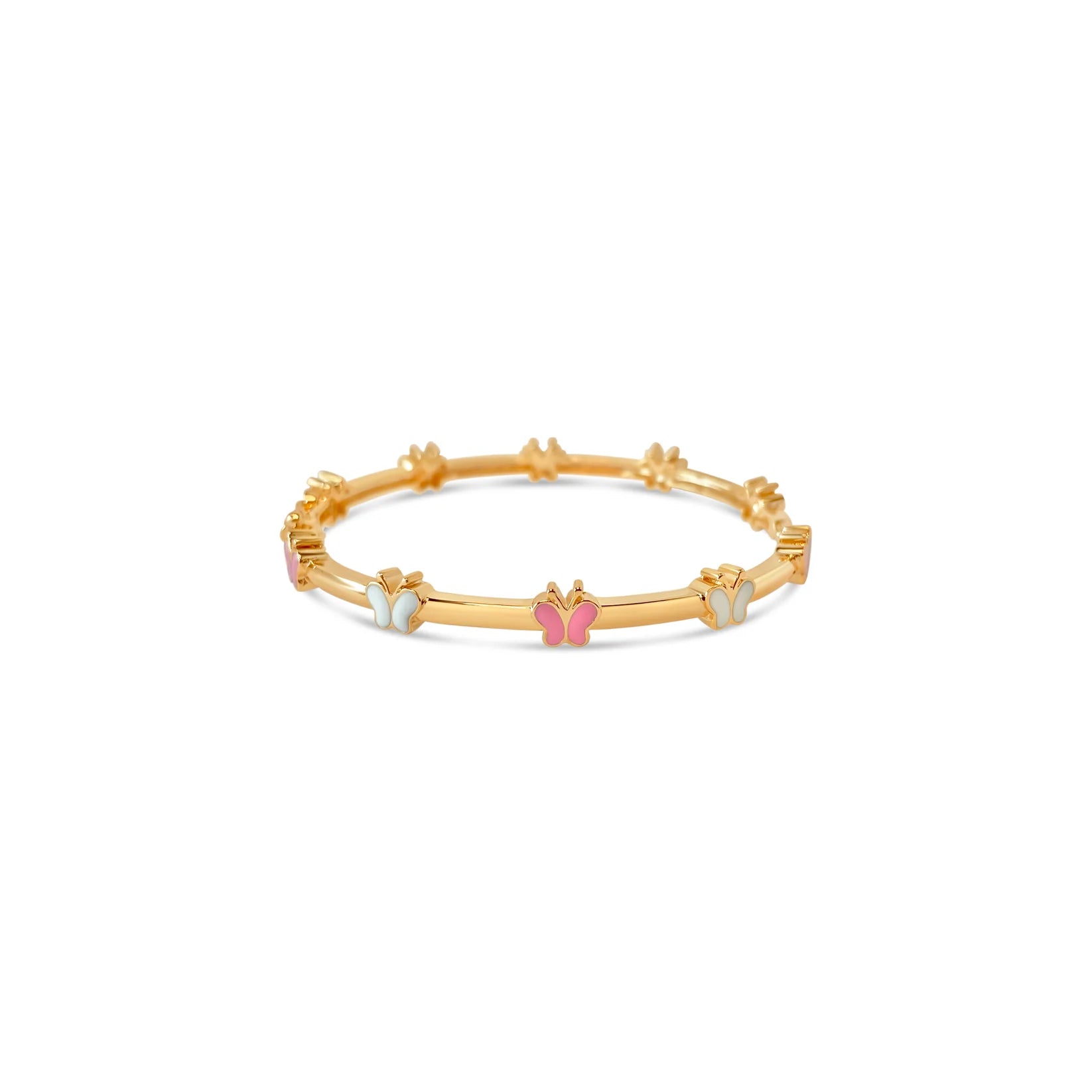 Gold bracelet with butterfly charms on a white background