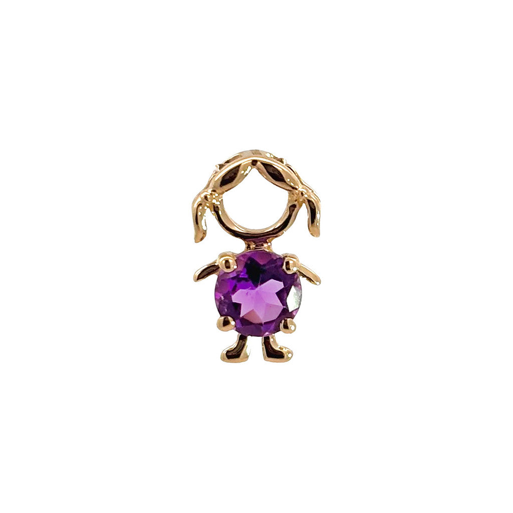 14K solid yellow gold boy and girl birthstone charms with colorful gemstones representing each birth month on a white background.
