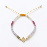 14K solid yellow gold Virgen Milagrosa adjustable bracelet with multicolor 3.10 mm crystals and yellow satin macramé cord