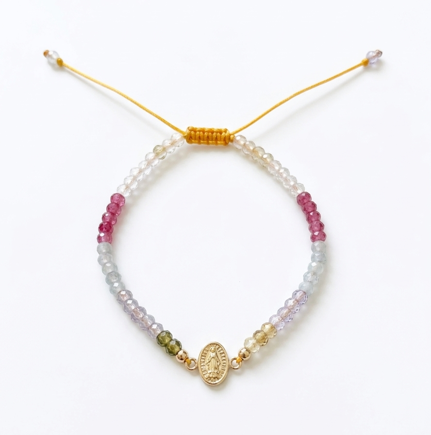 14K solid yellow gold Virgen Milagrosa adjustable bracelet with multicolor 3.10 mm crystals and yellow satin macramé cord