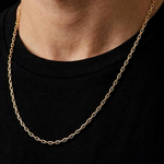 Gold chain necklace on a person wearing a black shirt