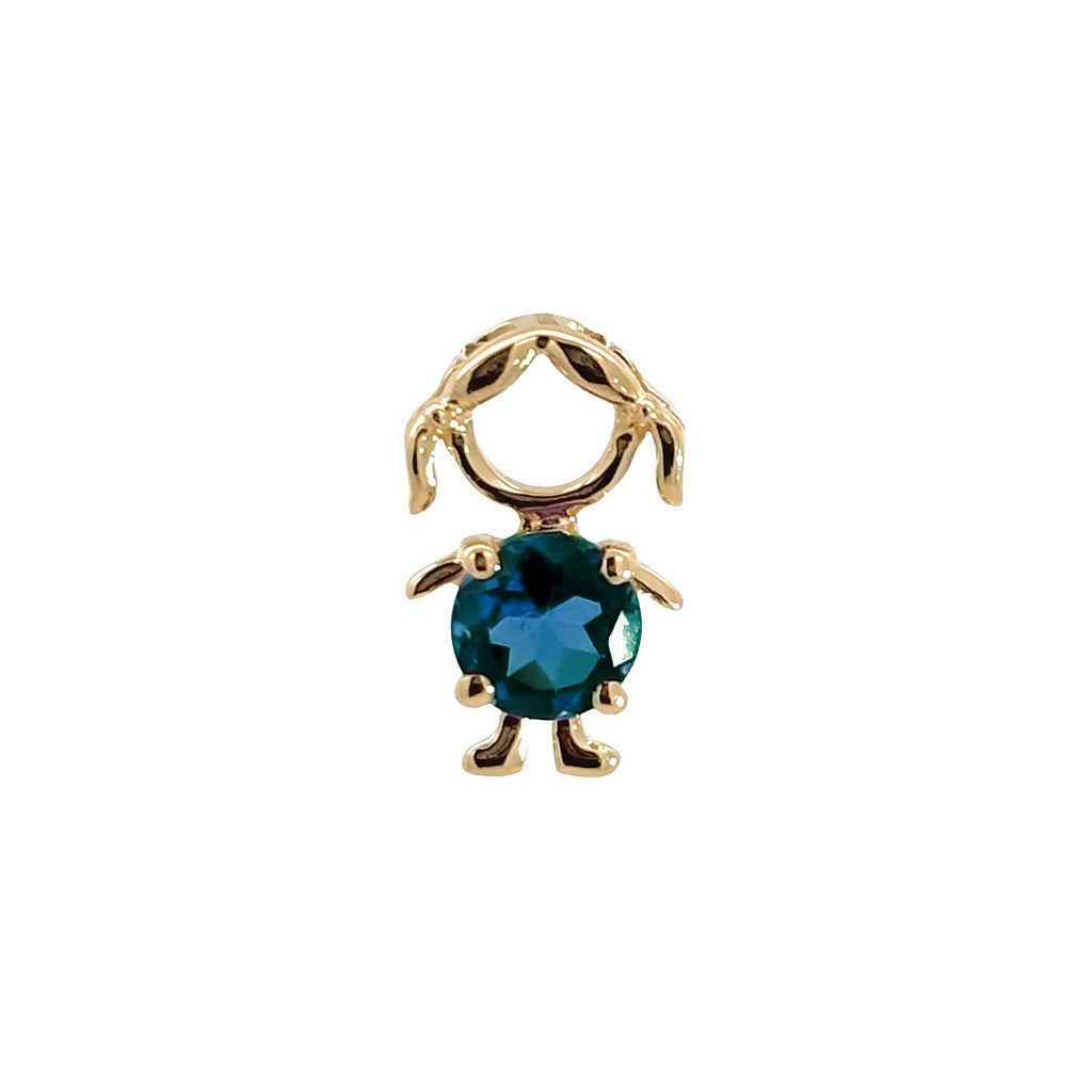 14K solid yellow gold boy and girl birthstone charms with colorful gemstones representing each birth month on a white background.