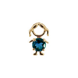 14K solid yellow gold boy and girl birthstone charms with colorful gemstones representing each birth month on a white background.