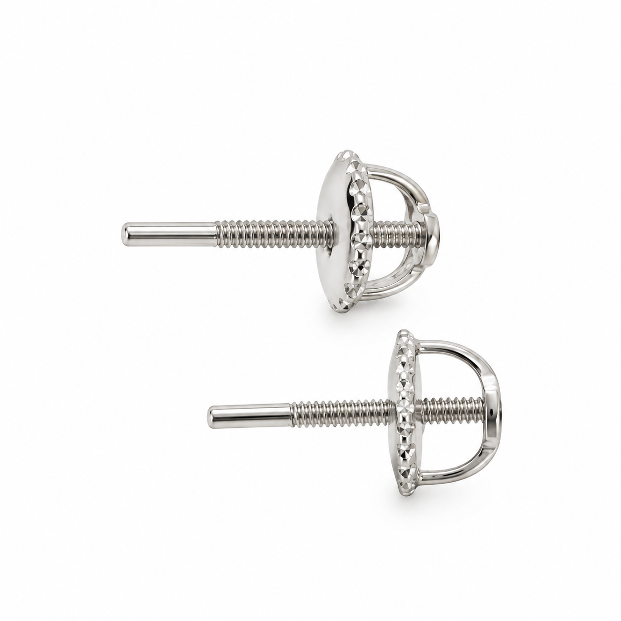 14K solid white gold threaded screw posts with matching screw backs for diamond stud earrings, complete replacement set of two.
