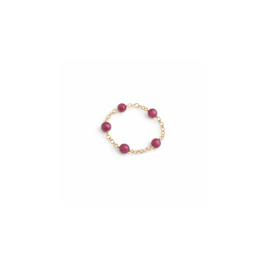 14k solid yellow gold chain ring with five ruby gemstone beads