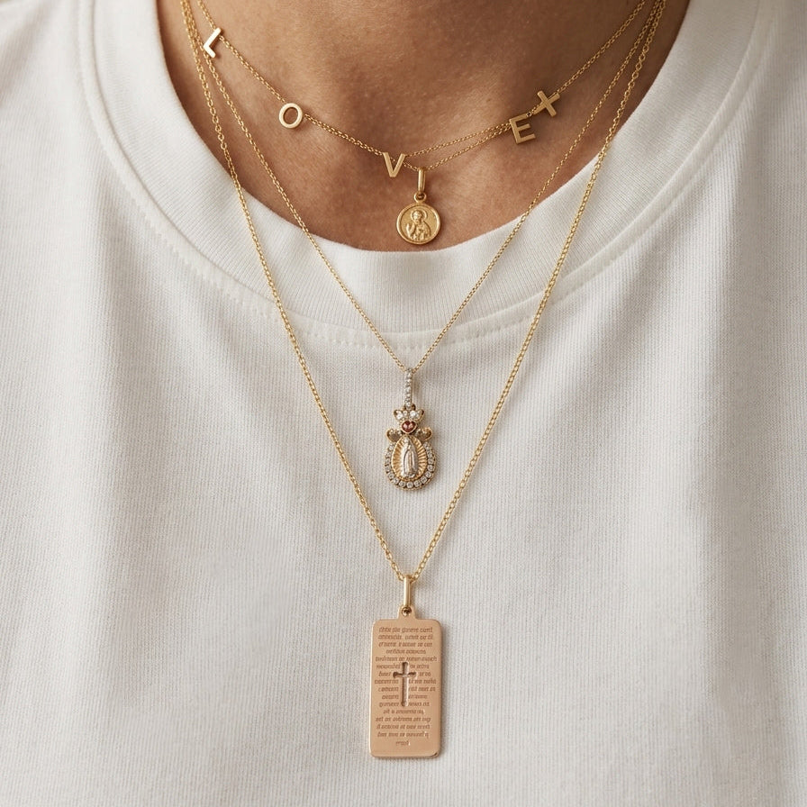 14K solid yellow gold Padre Nuestro prayer tag pendant with engraved cross and Lord’s Prayer on a polished rectangular gold pendant